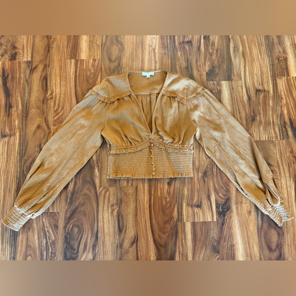 a loves a Women’s Mustard Yellow Smocked V Neck Corset Blouse Small S Top Shirt - Picture 2 of 6